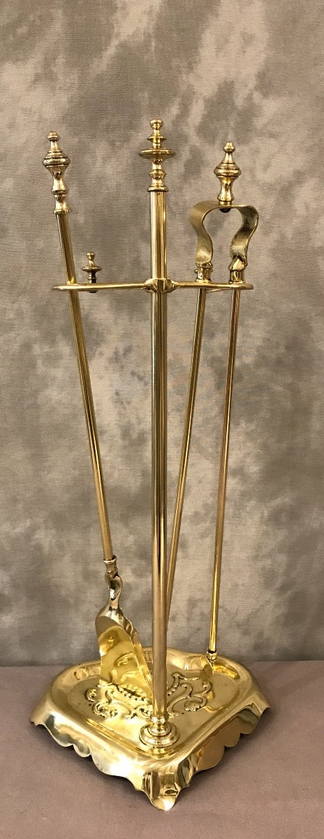 19th Century Brass Fireplace Servant Including A Shovel And A Tongs-photo-2