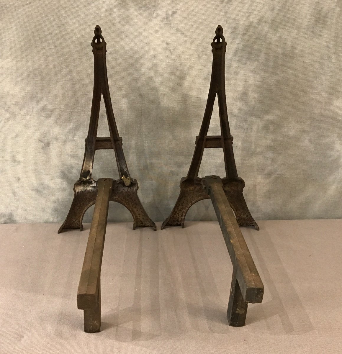 Old Cast Iron Andirons Representing The Eiffel Tower Around 1900-photo-3