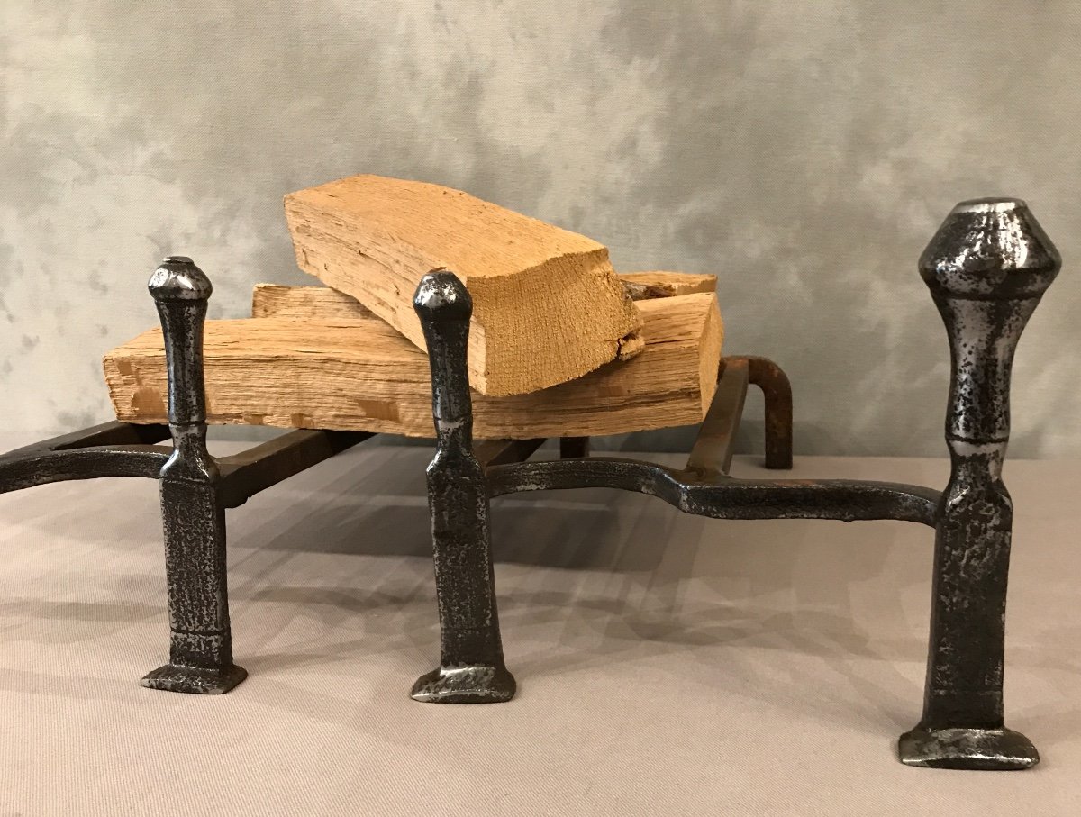 Pair Of 18th Century Polished Iron Andirons With Two Spinning Tops-photo-3