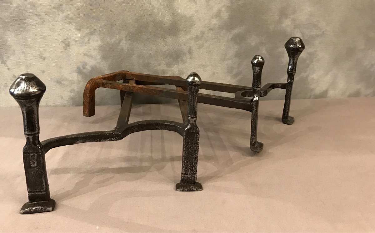 Pair Of 18th Century Polished Iron Andirons With Two Spinning Tops-photo-1