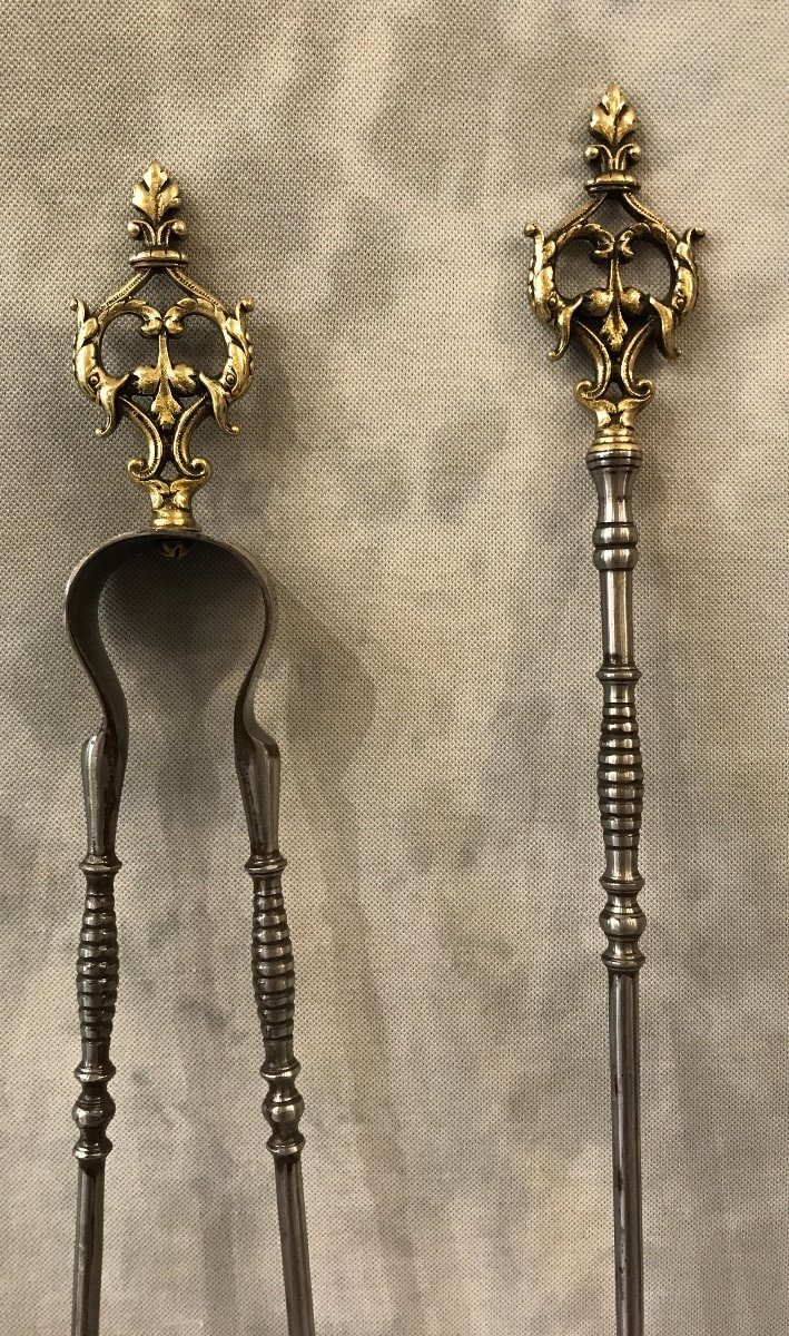 Set Of A Shovel And A Clamp In Iron And Bronze Polished And Varnished From The 19th Century-photo-2