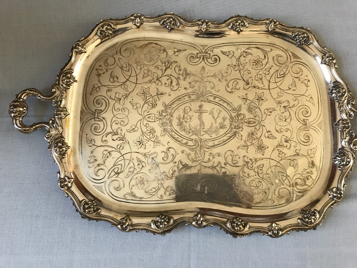 19th Century Louis XV Style Silver Metal Serving Tray-photo-2