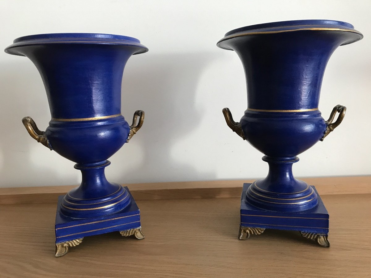 Paire Vases De Forme Medecis En Tôle Peinte D’époque 19ème -photo-2