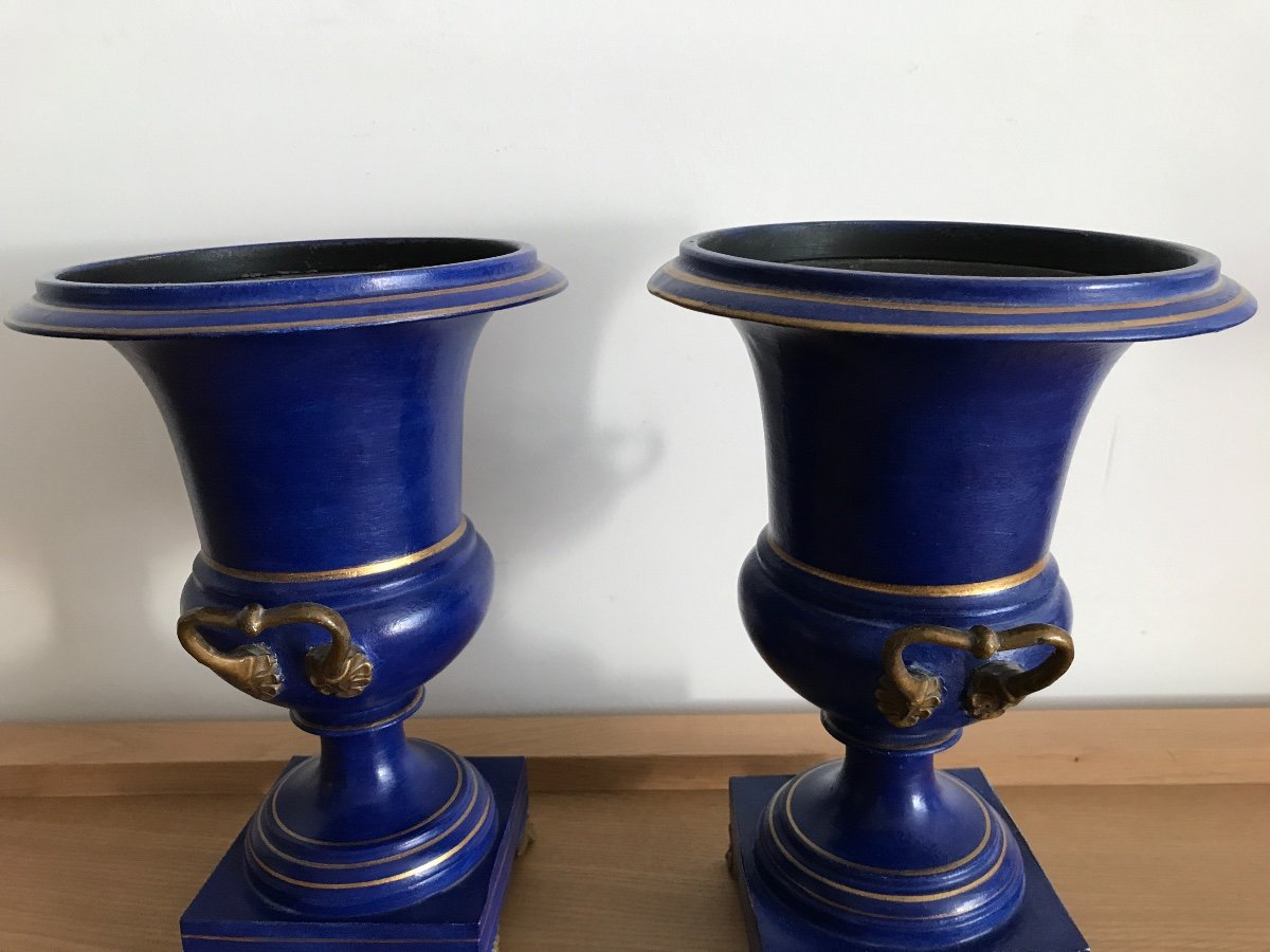 Paire Vases De Forme Medecis En Tôle Peinte D’époque 19ème -photo-4