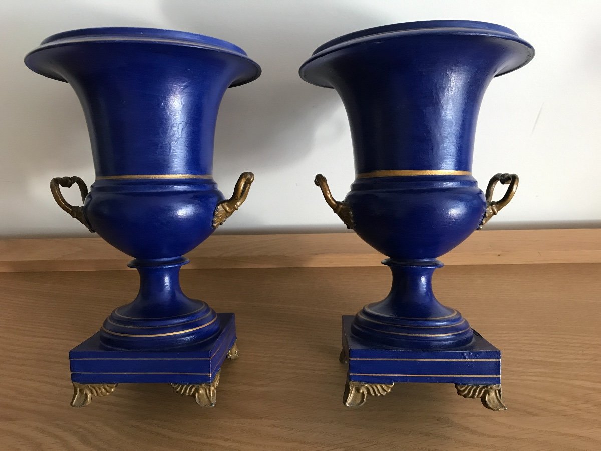 Paire Vases De Forme Medecis En Tôle Peinte D’époque 19ème -photo-2