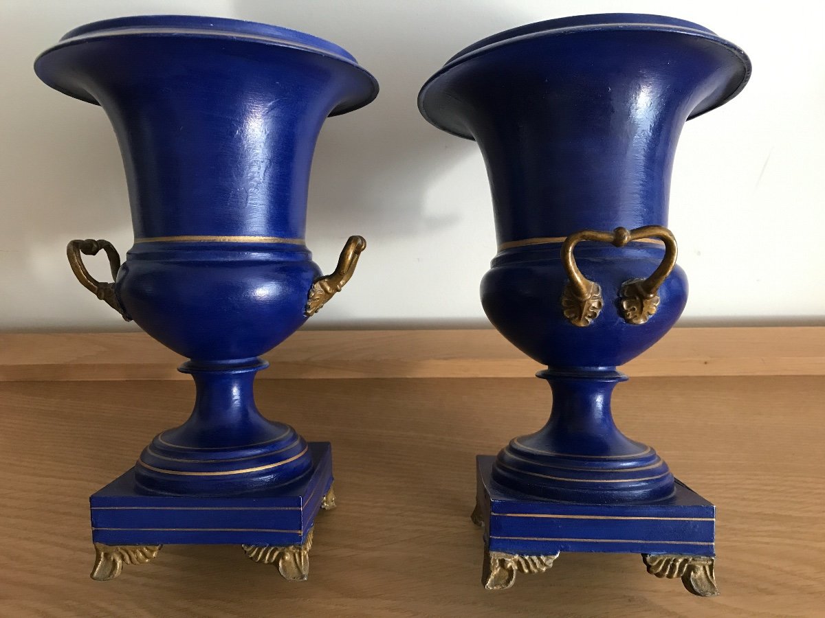 Paire Vases De Forme Medecis En Tôle Peinte D’époque 19ème -photo-3