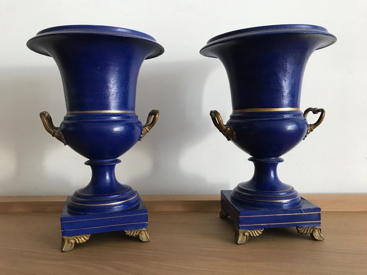 Paire Vases De Forme Medecis En Tôle Peinte D’époque 19ème -photo-4