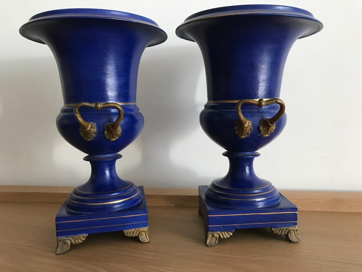Paire Vases De Forme Medecis En Tôle Peinte D’époque 19ème -photo-6