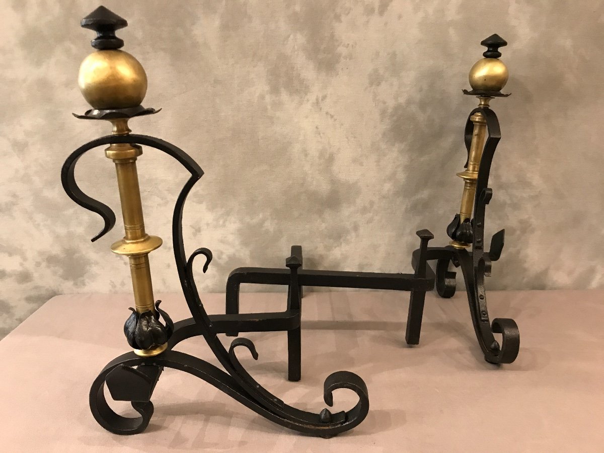 Andirons In Iron And Old Brass Around 1920-photo-2