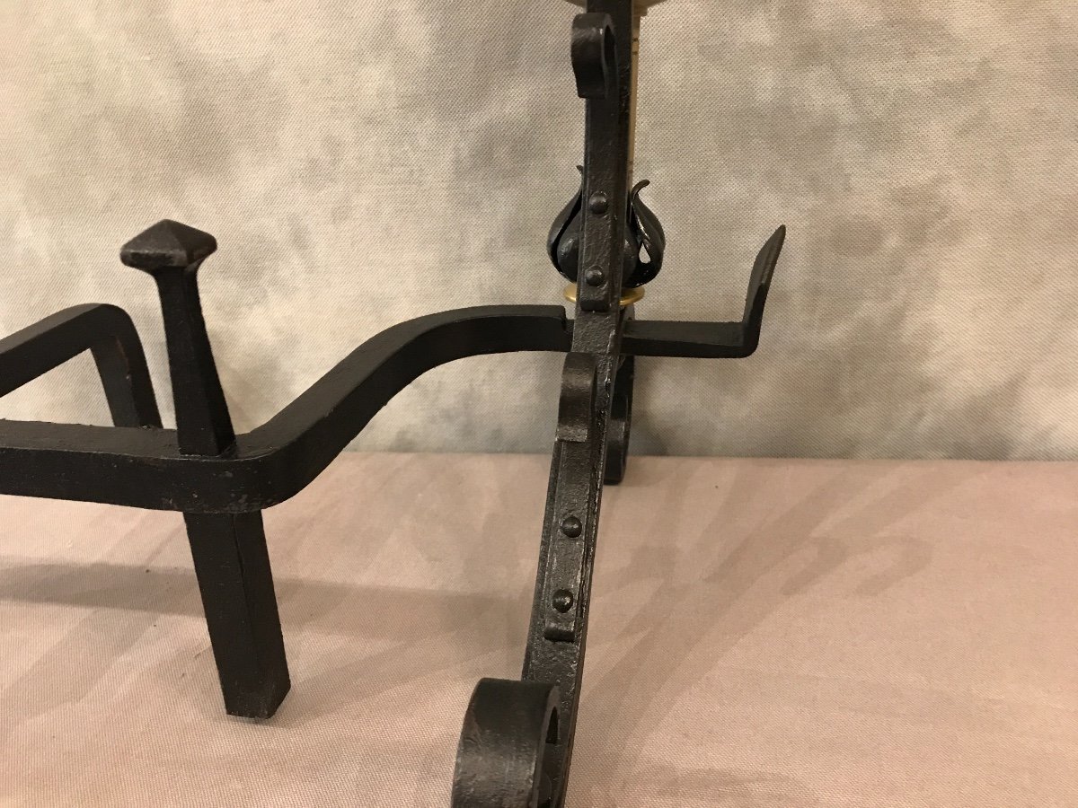 Andirons In Iron And Old Brass Around 1920-photo-3