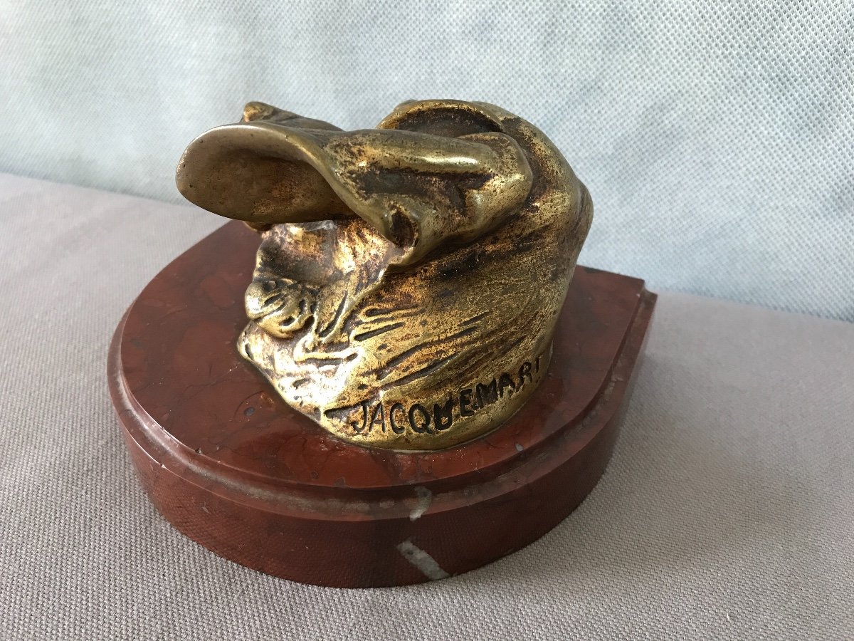 Bronze Dog Head On 19th Time Marble Signed Jacquemart-photo-2