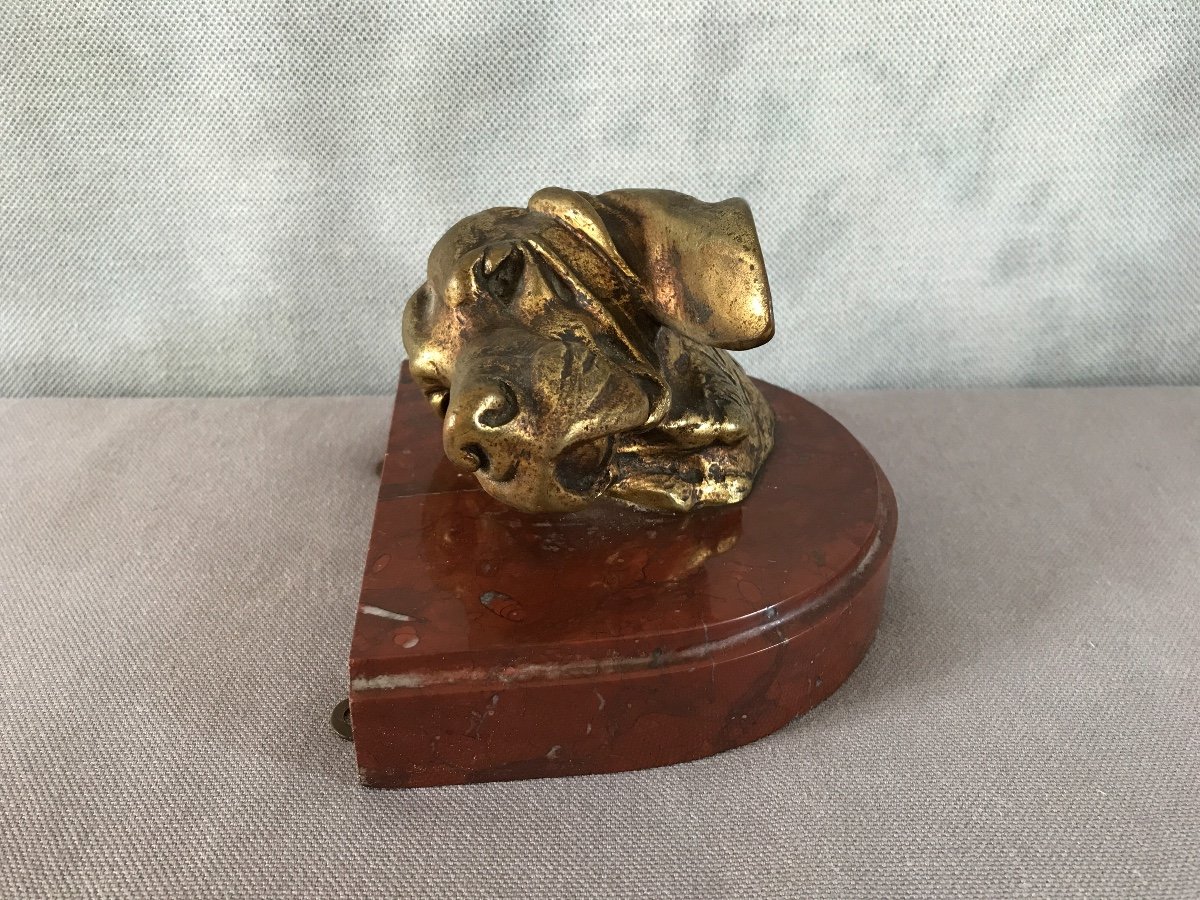 Bronze Dog Head On 19th Time Marble Signed Jacquemart-photo-3