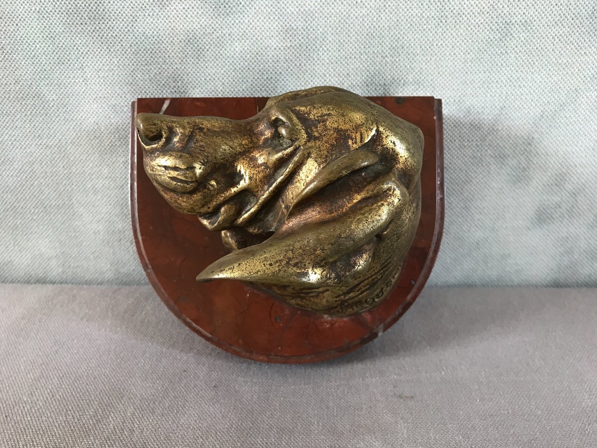 Bronze Dog Head On 19th Time Marble Signed Jacquemart