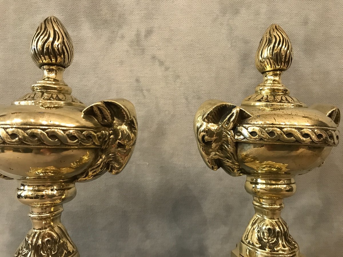 Chenets anciens En Bronze Poli D’époque 19ème De Style Louis XVI-photo-4