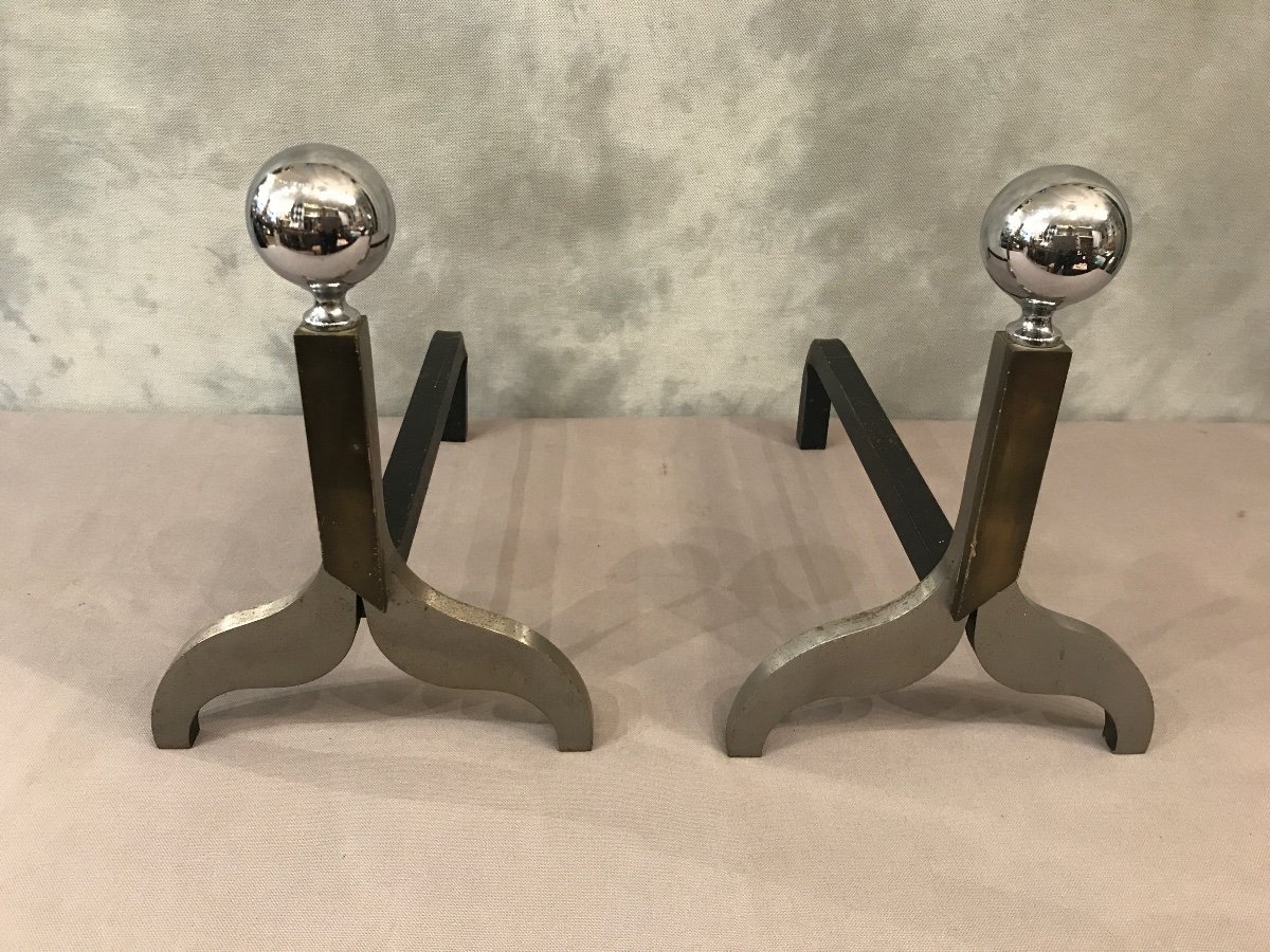 Pair Of Modernist Andirons In Chromed Metal And Bronze Circa 1970-photo-2