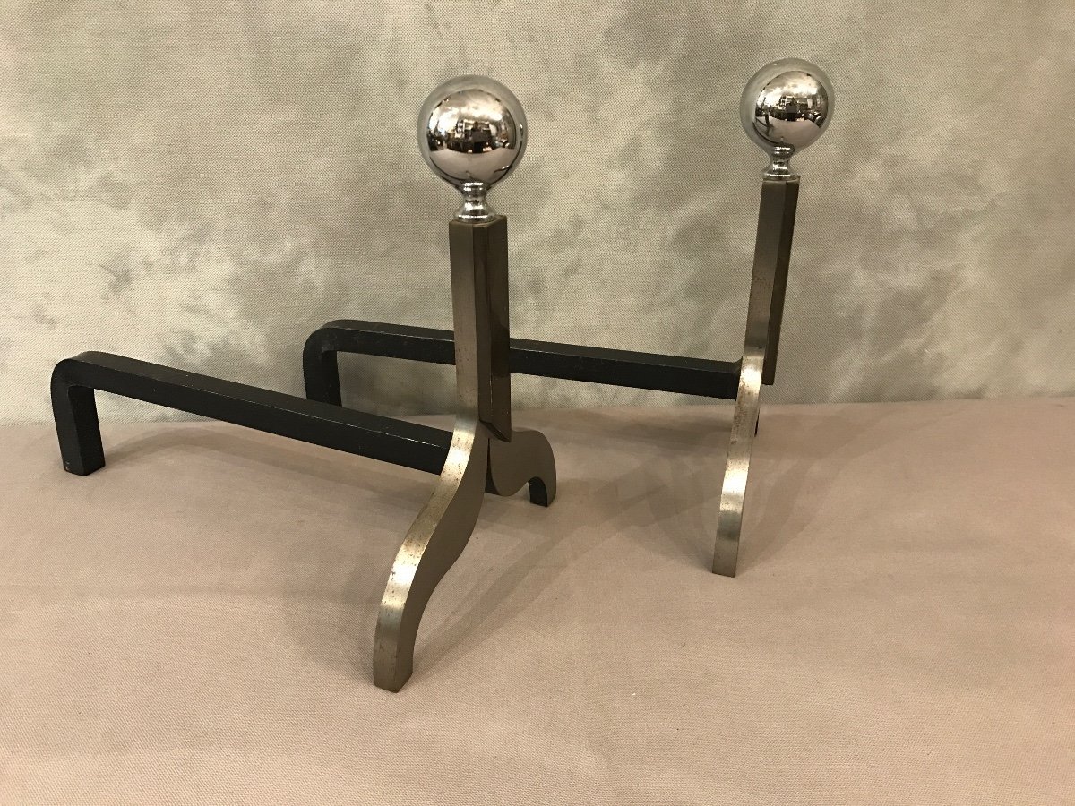 Pair Of Modernist Andirons In Chromed Metal And Bronze Circa 1970-photo-1
