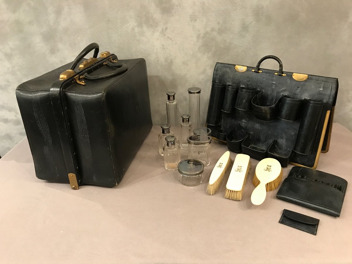 19th Century Crystal Leather And Silver Toiletry Suitcase-photo-2