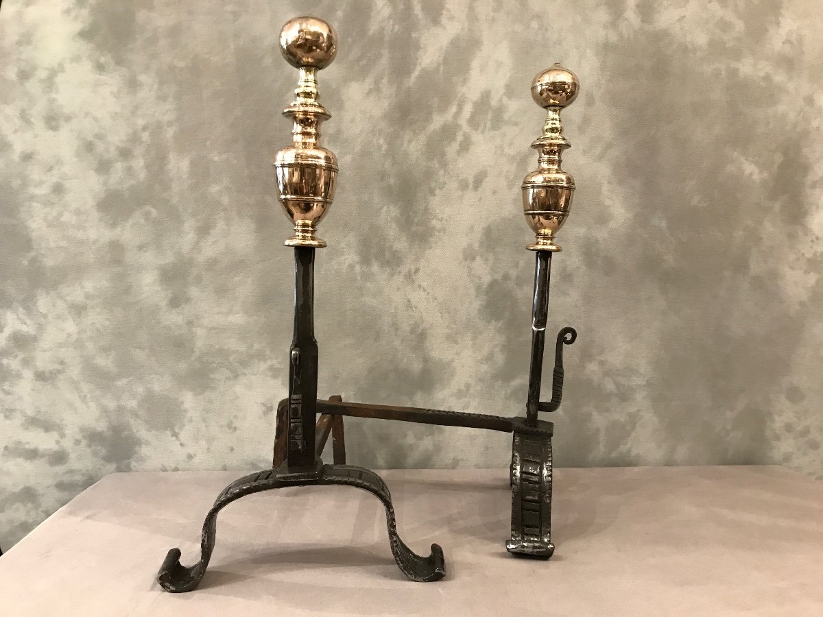 Pair Of Old Andirons From The 17th Century In Iron And Copper Fully Polished-photo-4