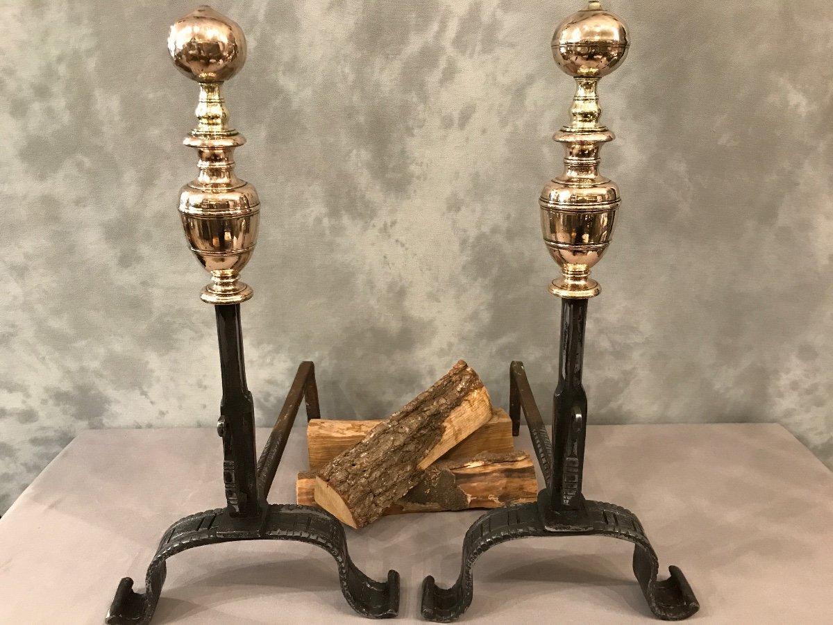 Pair Of Old Andirons From The 17th Century In Iron And Copper Fully Polished-photo-3