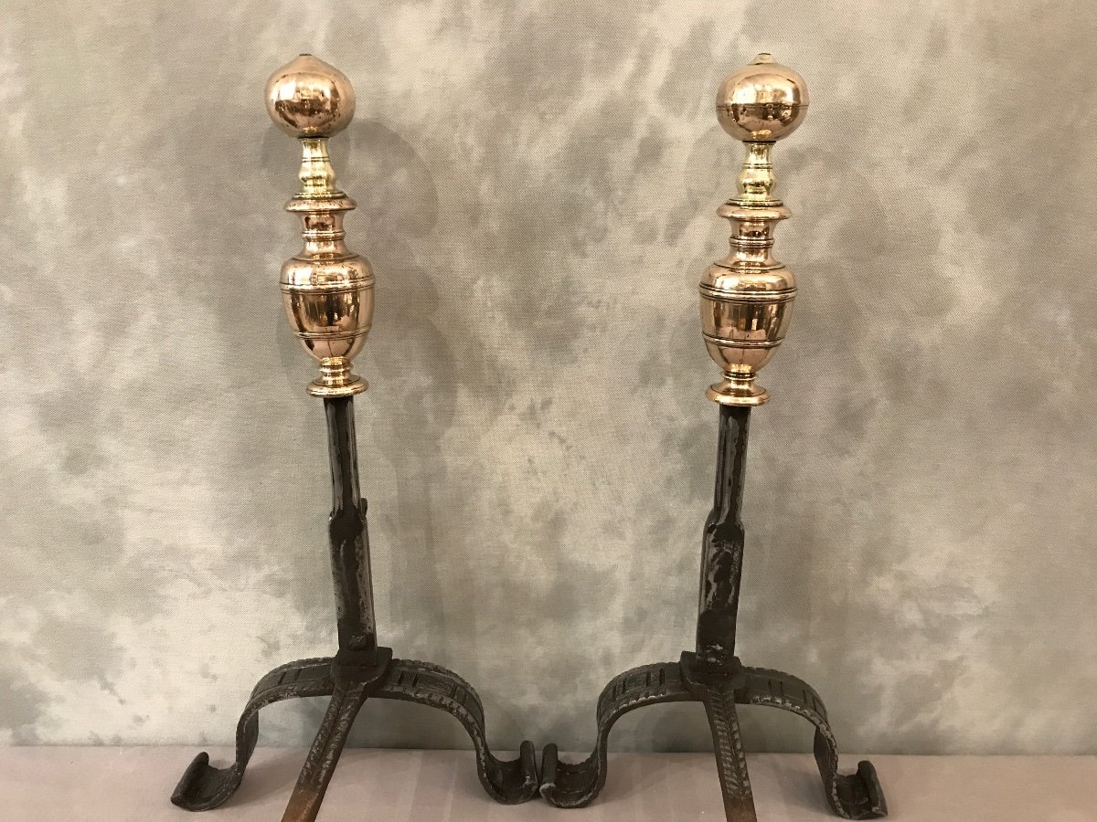 Pair Of Old Andirons From The 17th Century In Iron And Copper Fully Polished-photo-5