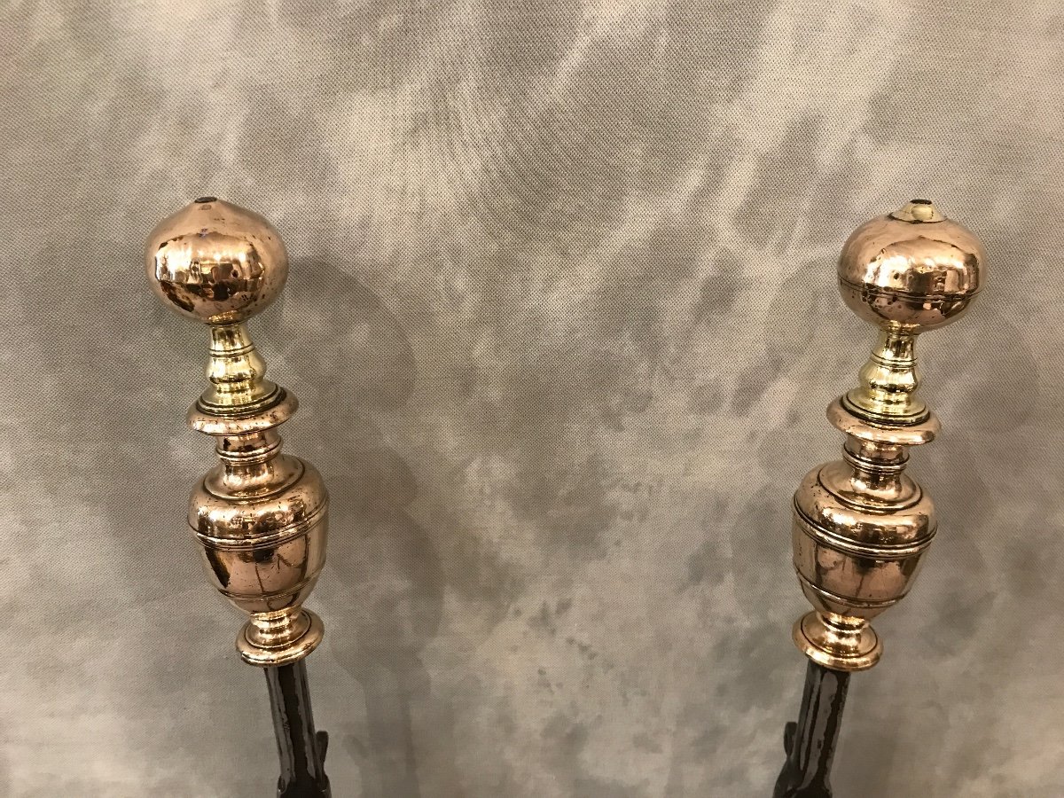 Pair Of Old Andirons From The 17th Century In Iron And Copper Fully Polished-photo-7