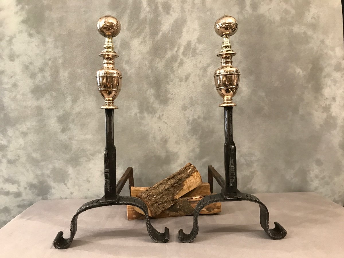 Pair Of Old Andirons From The 17th Century In Iron And Copper Fully Polished