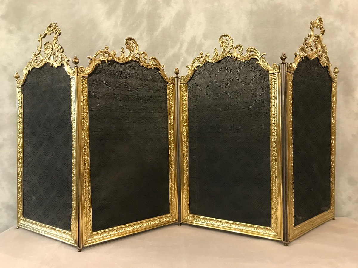 Antique Fireplace Screen In Bronze And Brass From The 19th Century