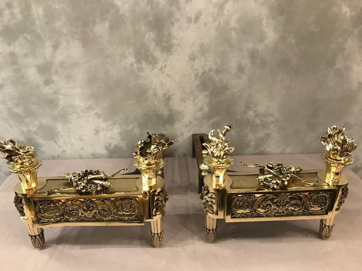 Paire De Chenets Anciens En Bronze Poli D’époque 18 ème  Louis XVI Aux Carquois Et Arcs -photo-4