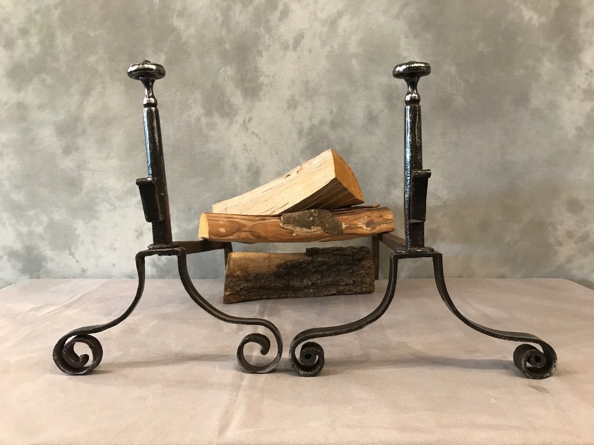 Pair Of Old Andirons In Wrought Iron From The 18th Century-photo-2