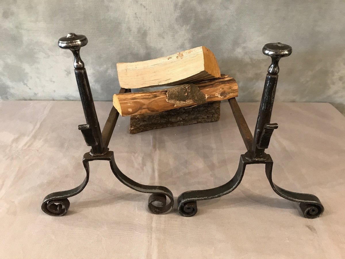 Pair Of Old Andirons In Wrought Iron From The 18th Century