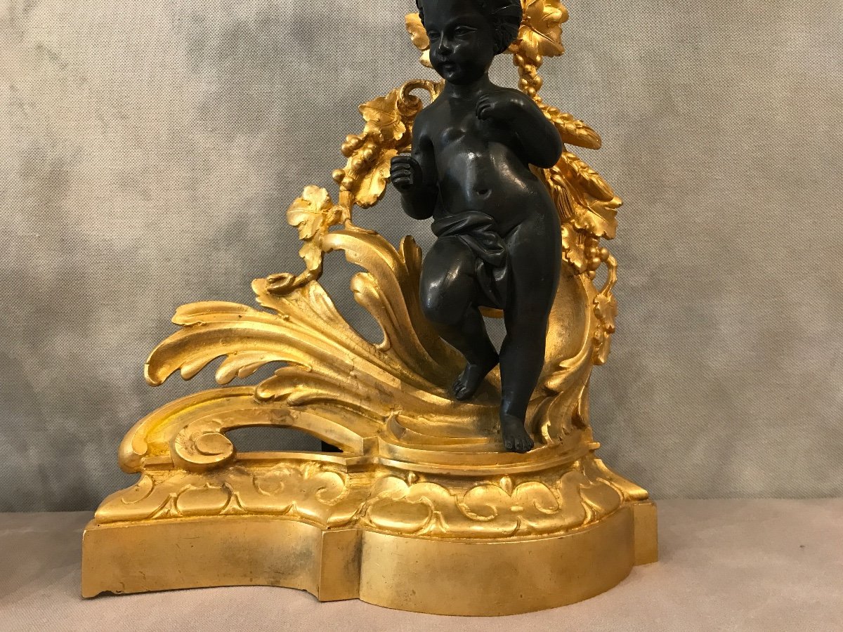 Pair Of Andirons In Gilded Bronze And Patinated Bronze From The 19th Century -photo-2