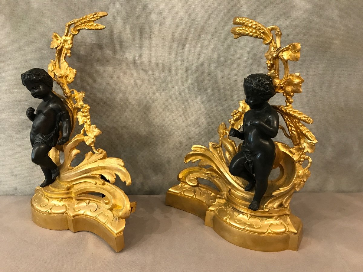 Pair Of Andirons In Gilded Bronze And Patinated Bronze From The 19th Century -photo-3