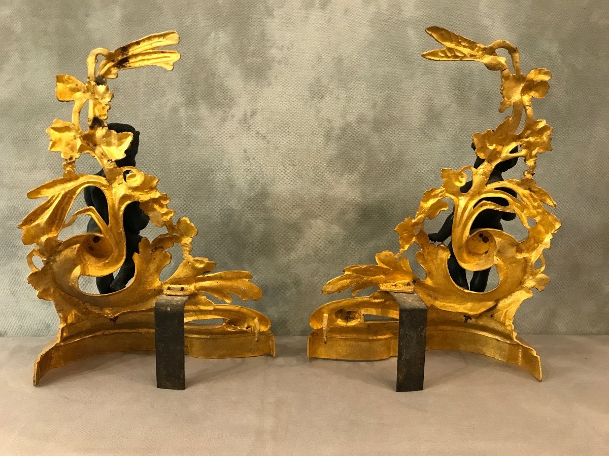 Pair Of Andirons In Gilded Bronze And Patinated Bronze From The 19th Century -photo-4