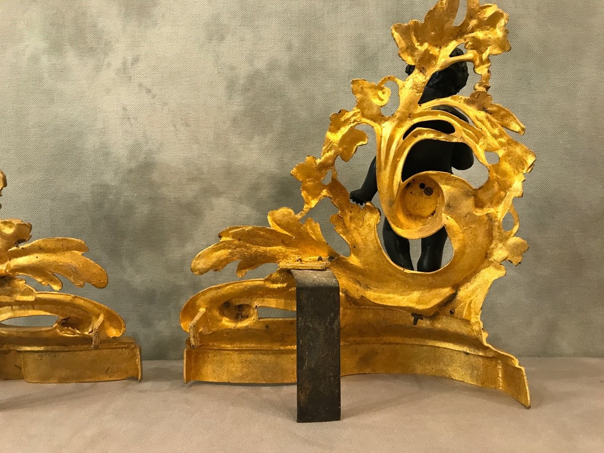 Pair Of Andirons In Gilded Bronze And Patinated Bronze From The 19th Century -photo-5