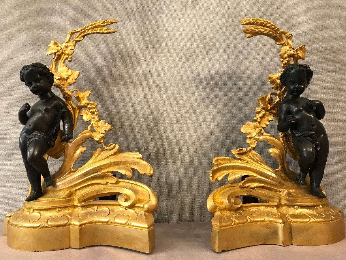 Pair Of Andirons In Gilded Bronze And Patinated Bronze From The 19th Century -photo-6