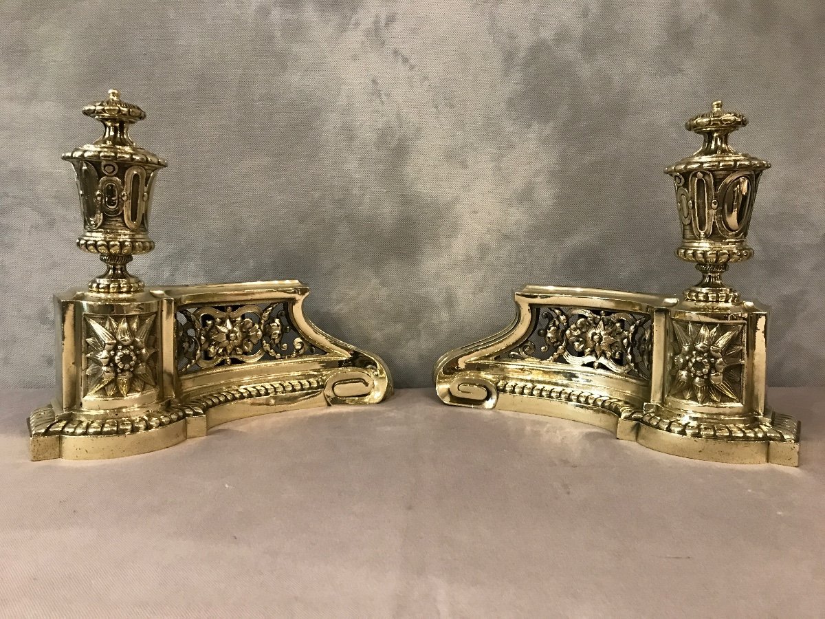 Pair Of Antique Andirons In Bronze From The 19th Century Louis XVI Style-photo-3