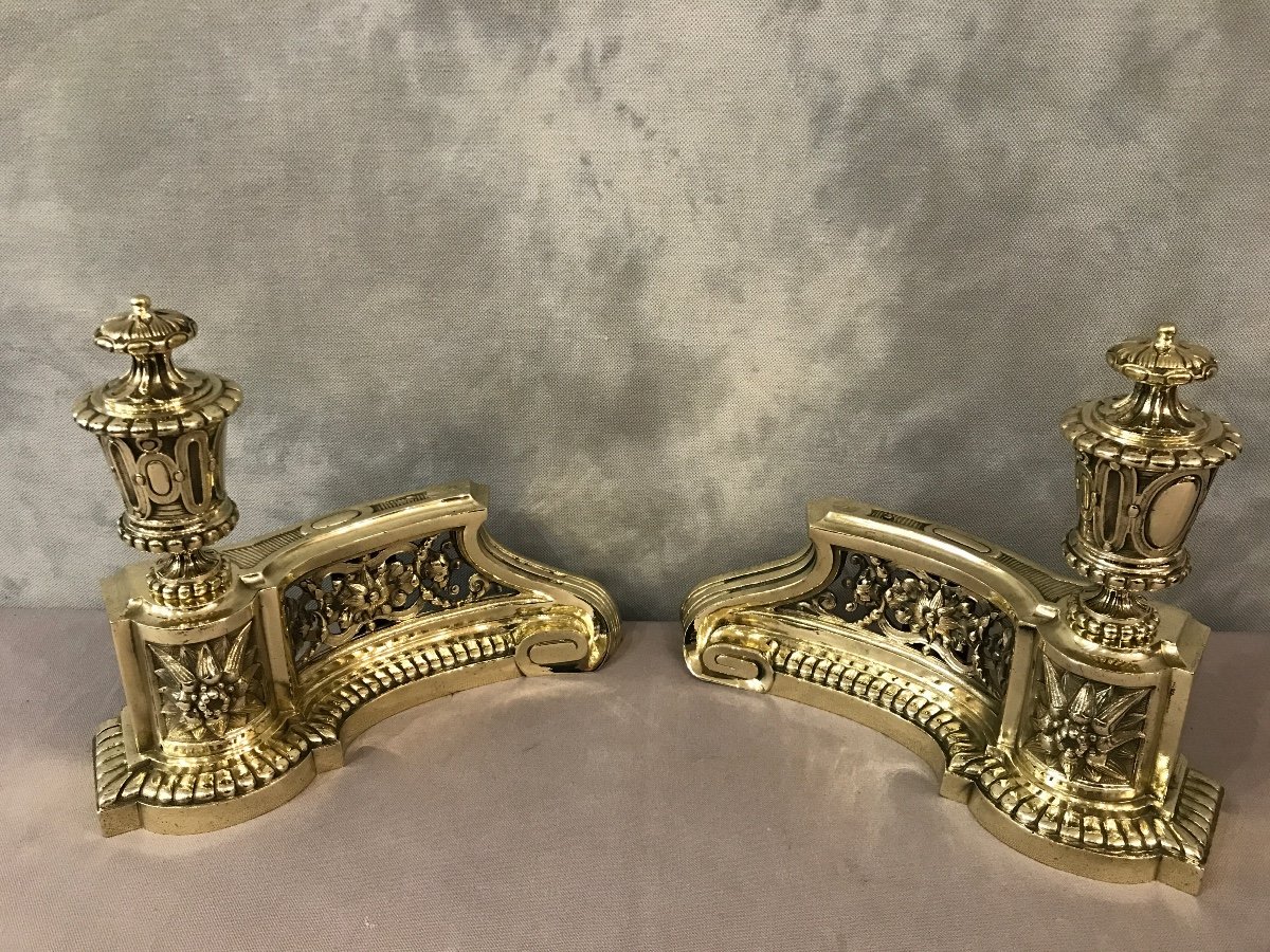 Pair Of Antique Andirons In Bronze From The 19th Century Louis XVI Style-photo-4