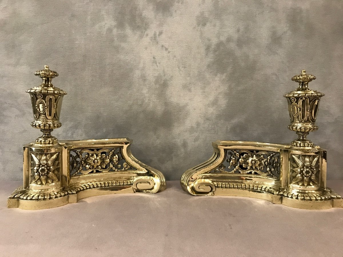 Paire De Chenets Anciens En Bronze D’époque 19ème De Style Louis XVI -photo-1