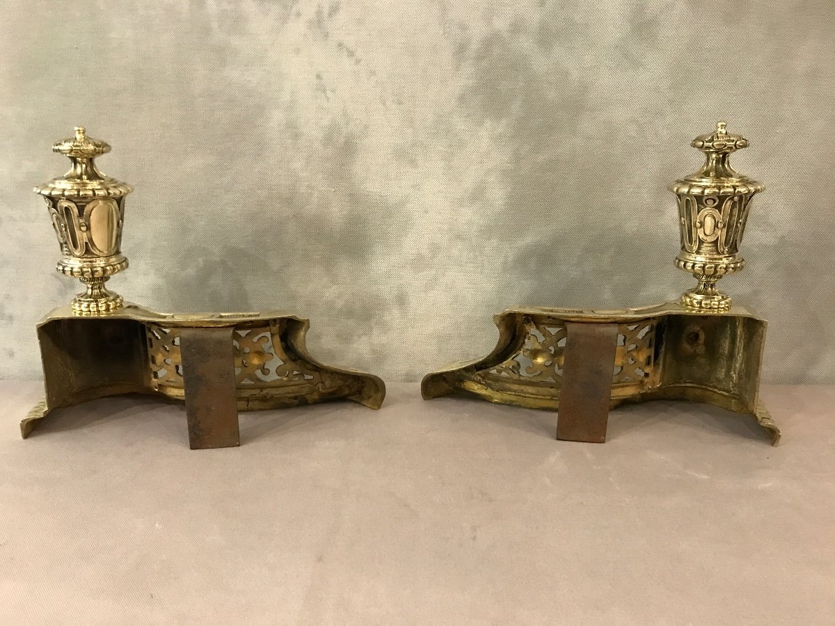 Pair Of Antique Andirons In Bronze From The 19th Century Louis XVI Style-photo-3