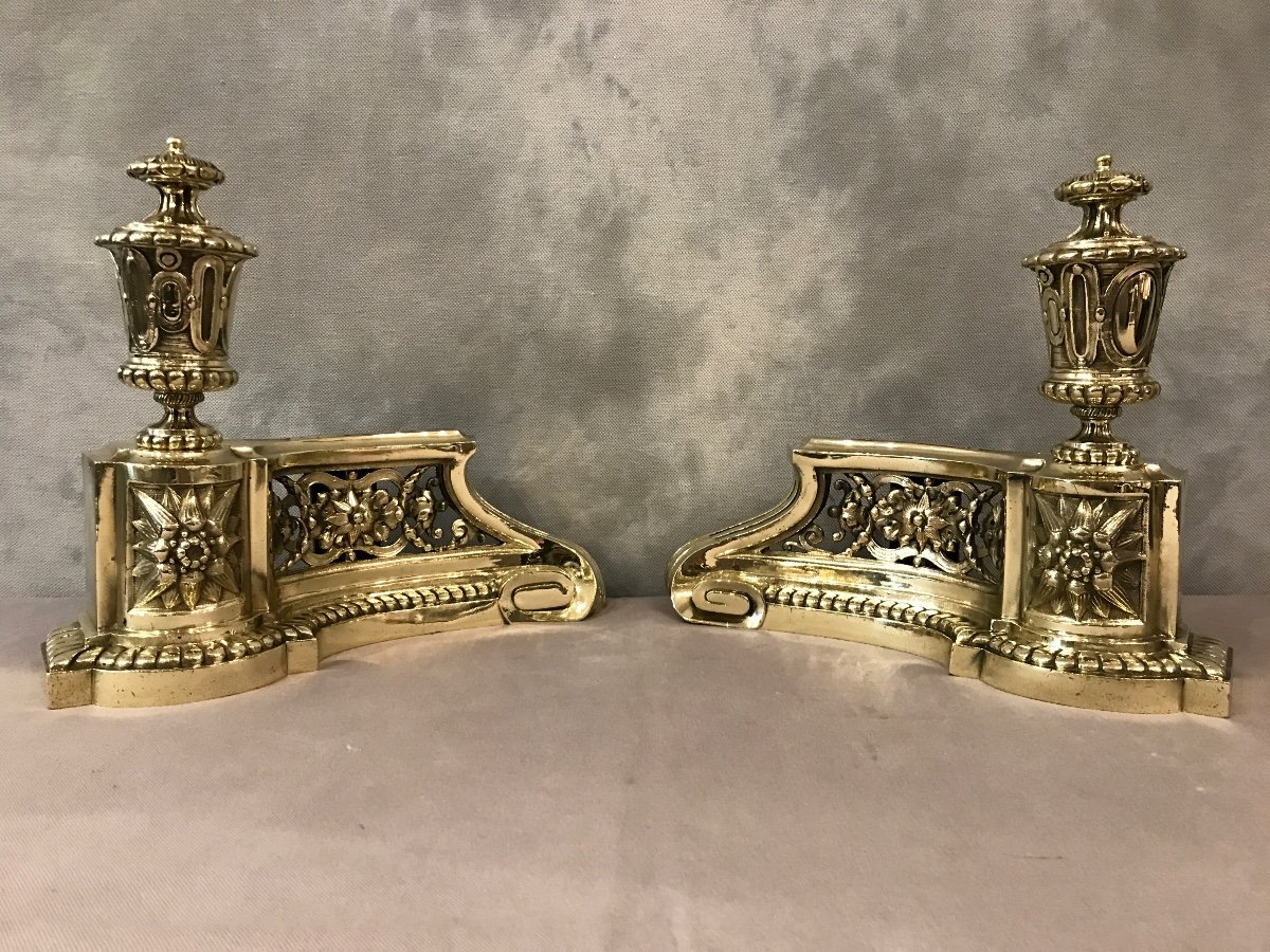 Pair Of Antique Andirons In Bronze From The 19th Century Louis XVI Style