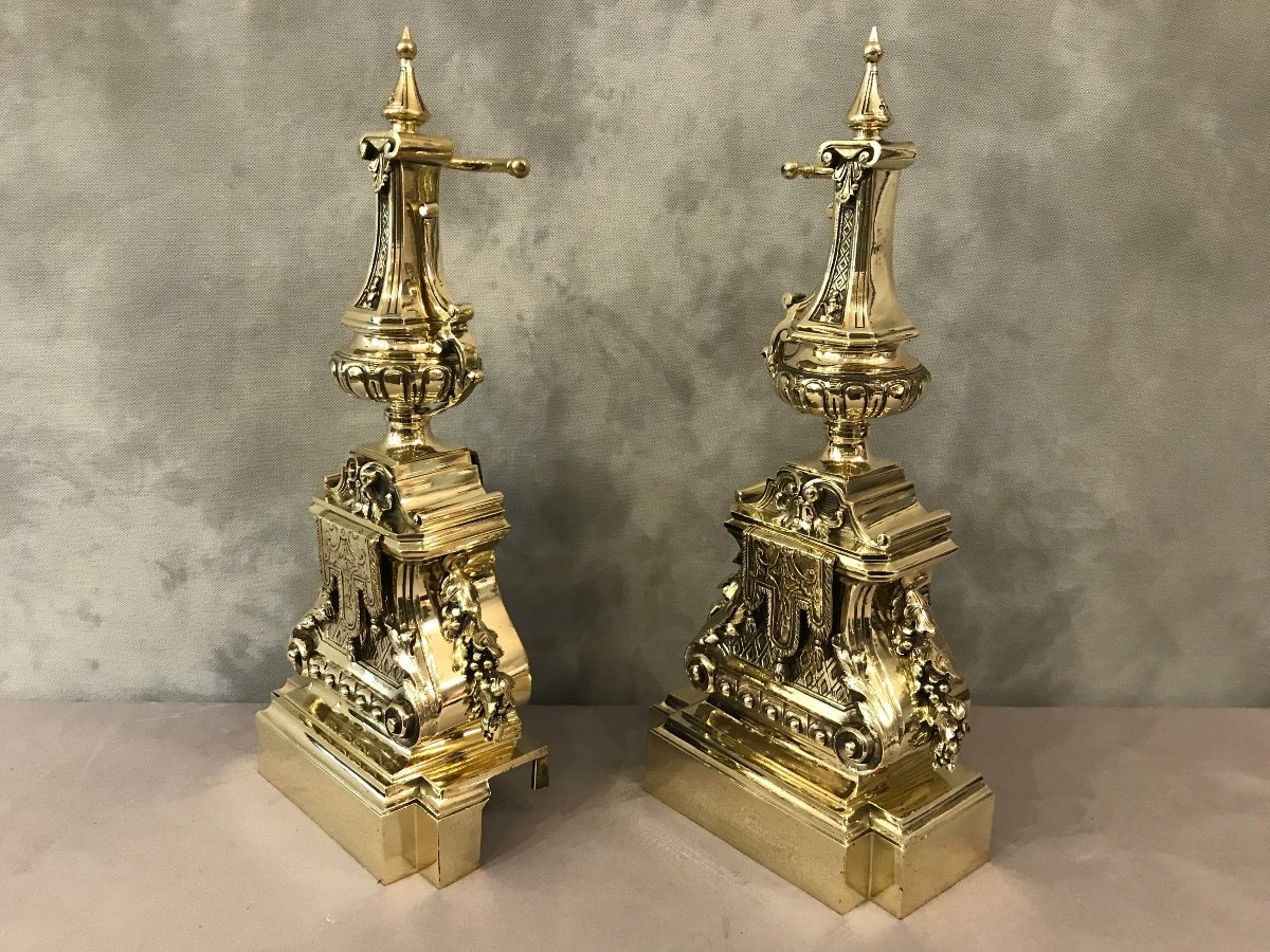 Pair Of Antique Andirons In Bronze From The 19th Century Louis XVI Style-photo-4