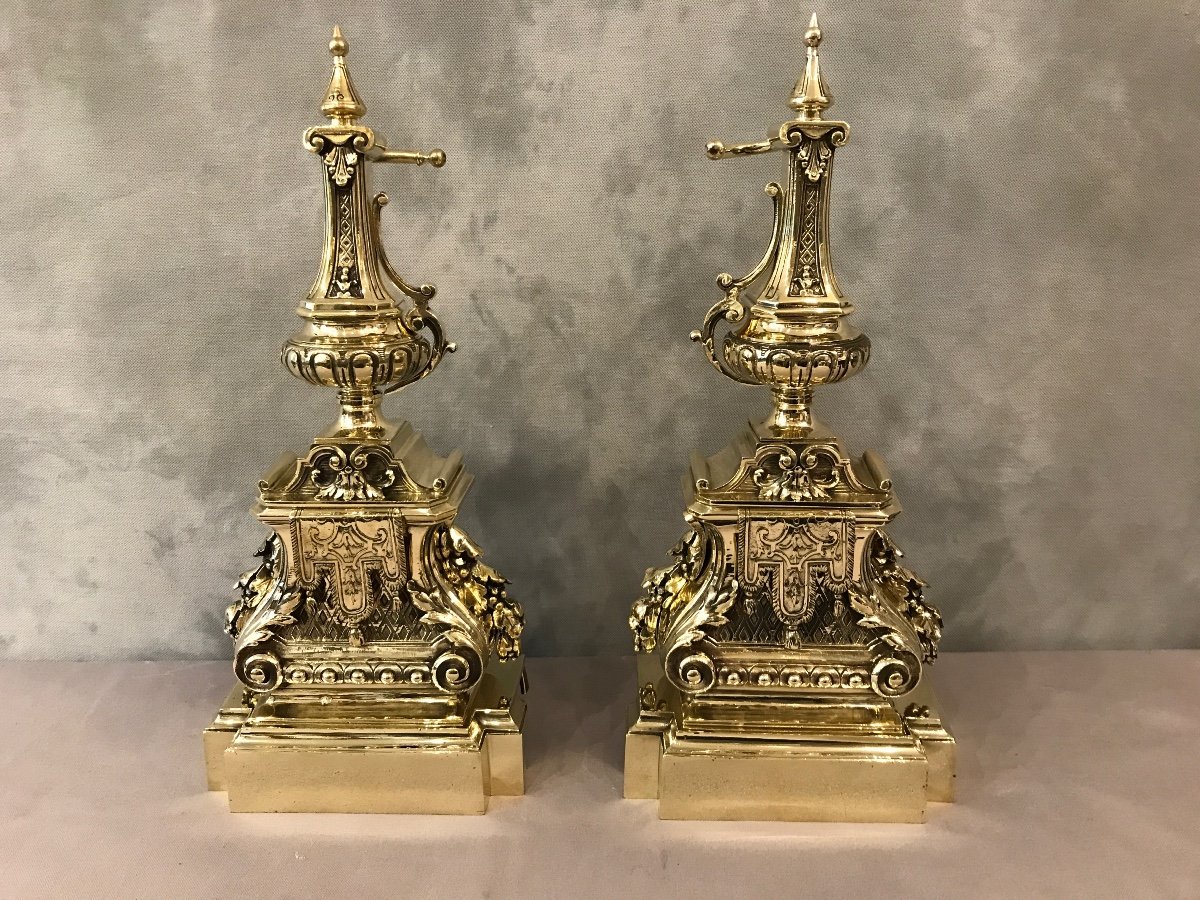 Pair Of Antique Andirons In Bronze From The 19th Century Louis XVI Style