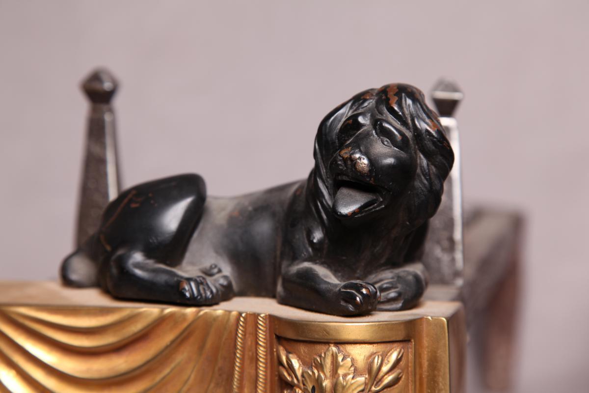 Pair Of Andirons In Gilded Bonze The Lions 19th-photo-1