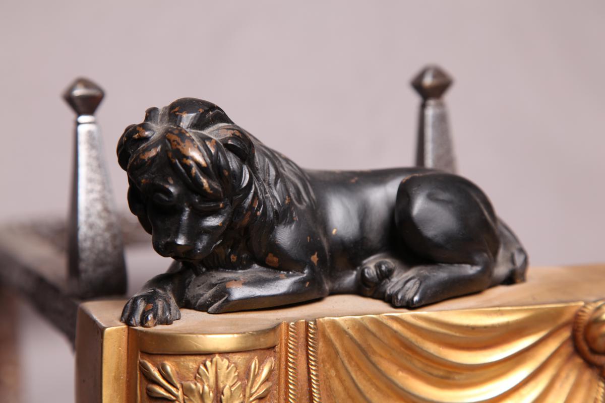 Pair Of Andirons In Gilded Bonze The Lions 19th-photo-2