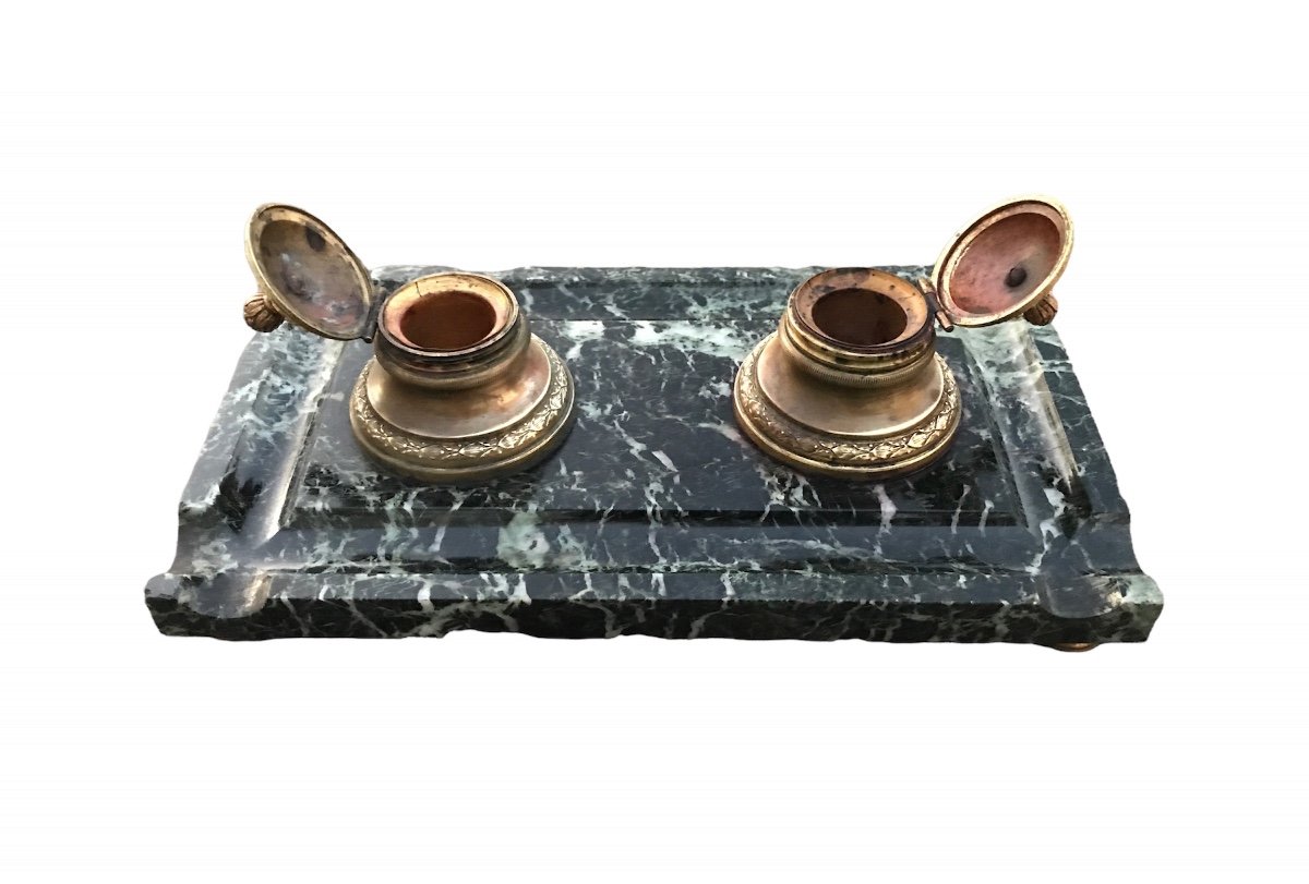 Inkwell In Bronze On Marble From The 19th Century-photo-2