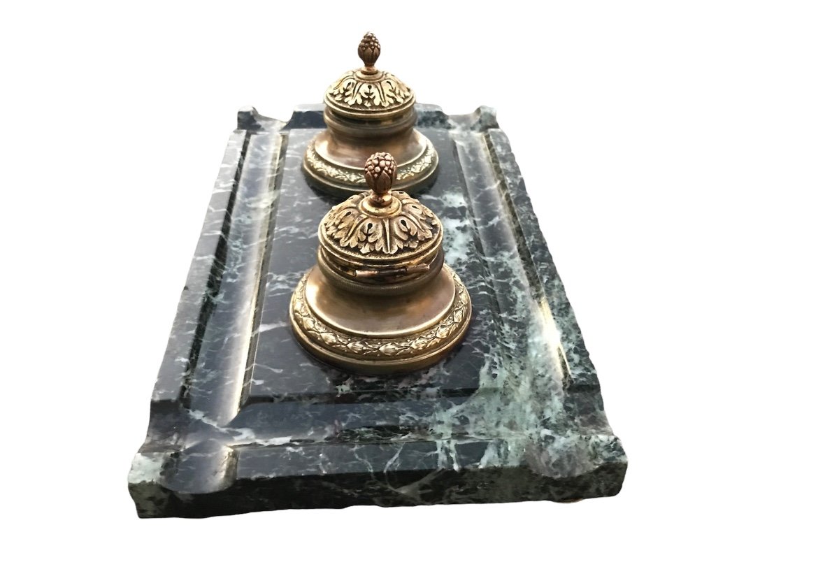 Inkwell In Bronze On Marble From The 19th Century-photo-3