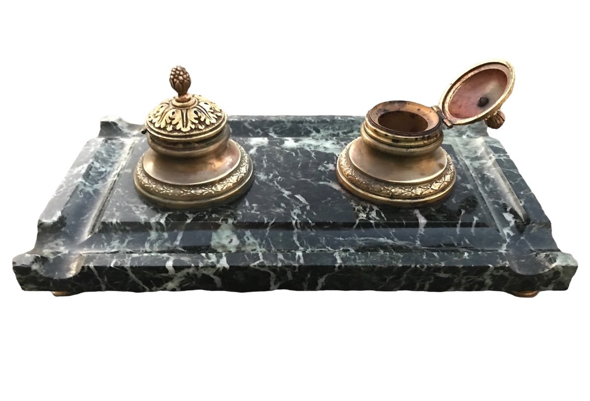 Inkwell In Bronze On Marble From The 19th Century-photo-1
