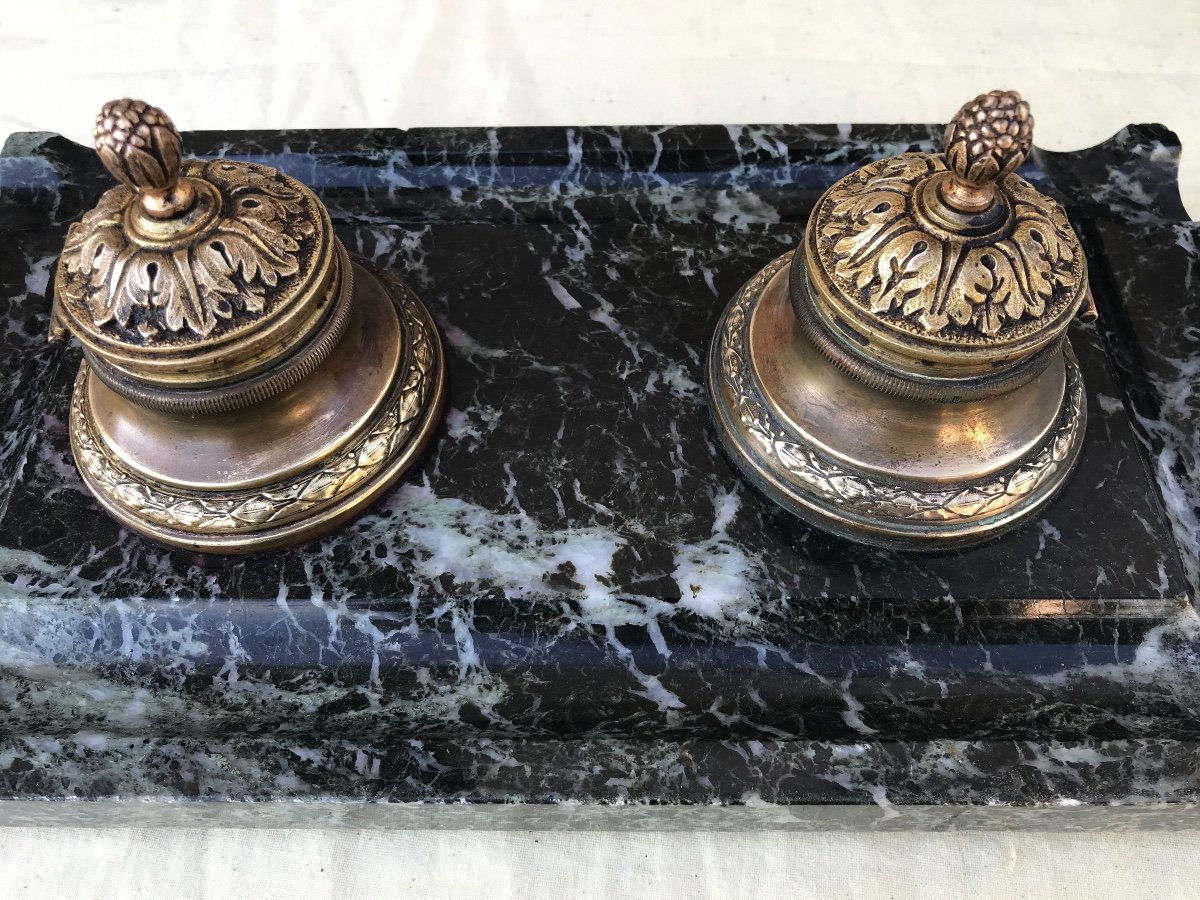 Inkwell In Bronze On Marble From The 19th Century-photo-2