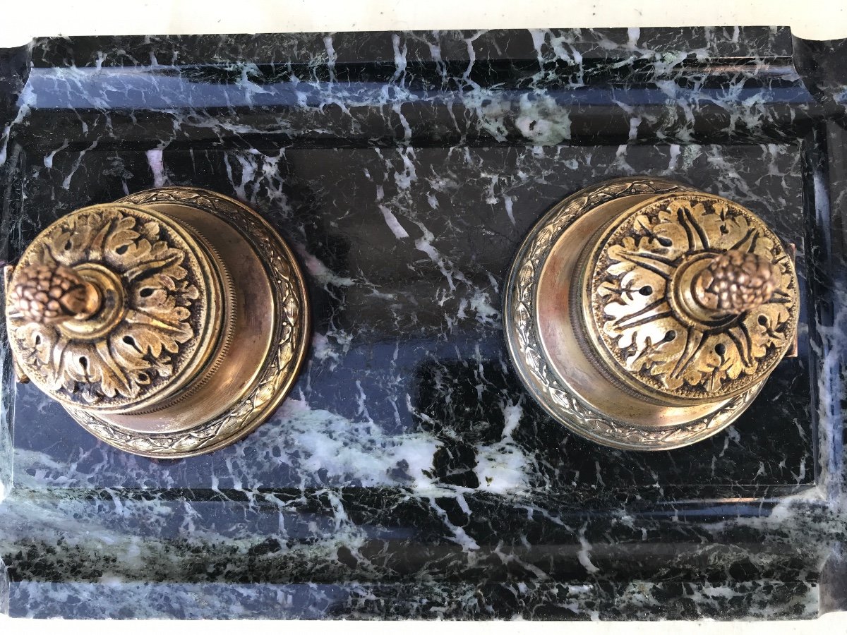 Inkwell In Bronze On Marble From The 19th Century-photo-3
