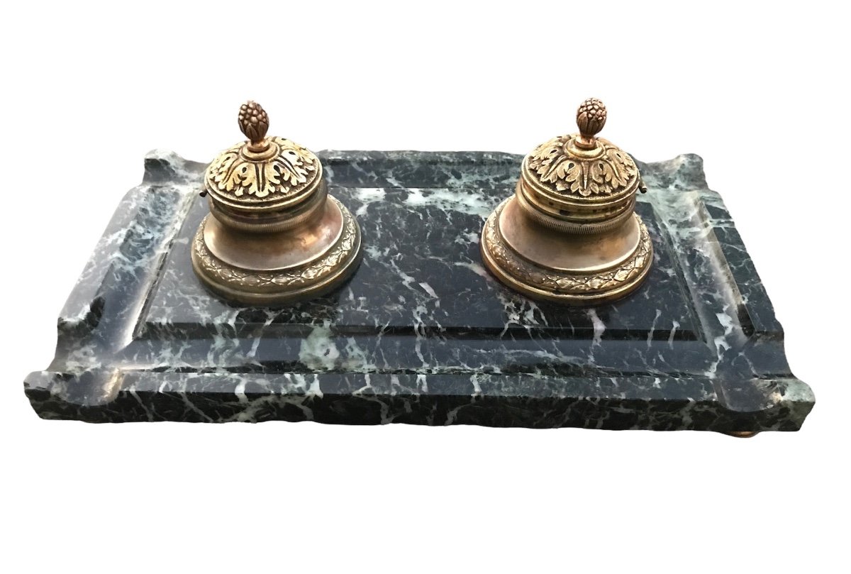 Inkwell In Bronze On Marble From The 19th Century